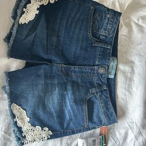 Blue Denim Shorts with Lace Detail